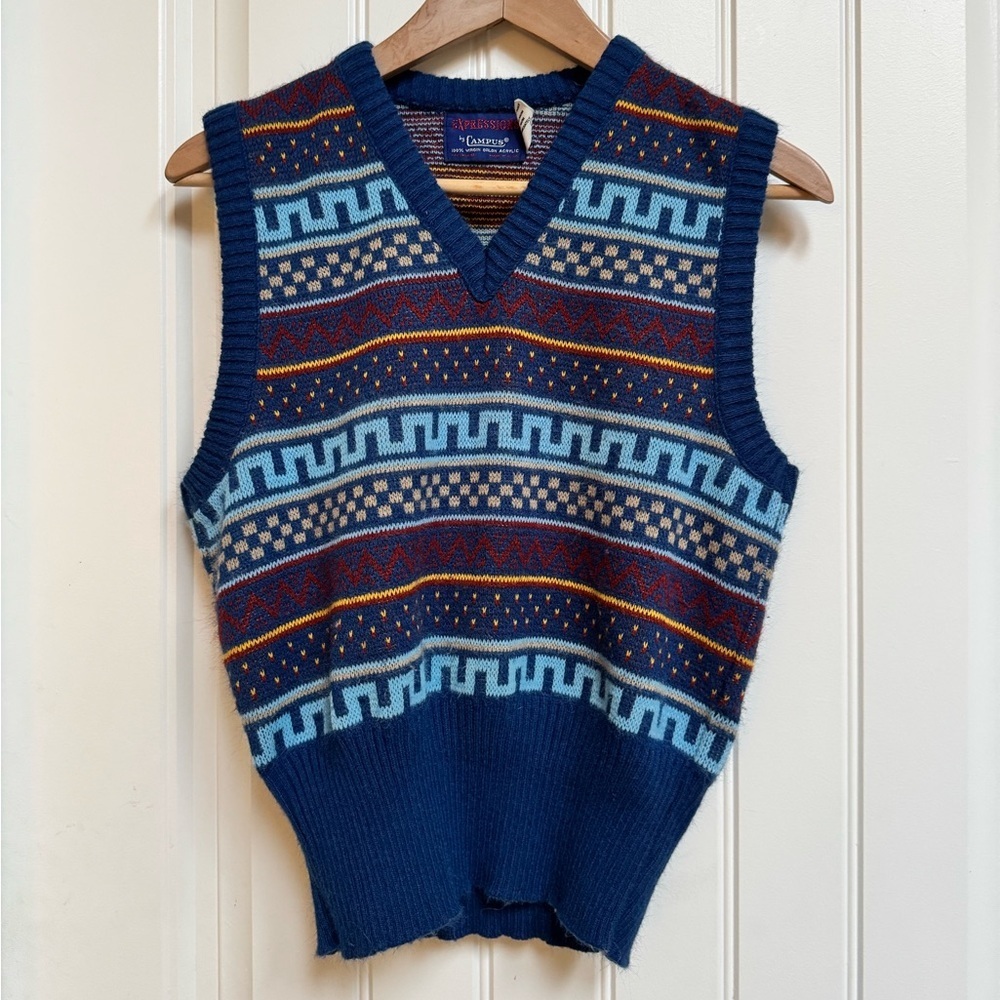 Vintage Expressions by Campus 100% Virgin Orlon Acrylic BlueMulticoloured Vest L